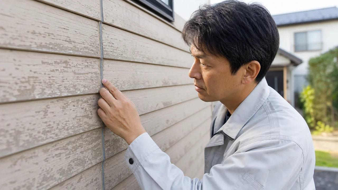 作業着姿の男性が、塗装の剥がれた住宅の外壁に手を当てて継ぎ目を確認している