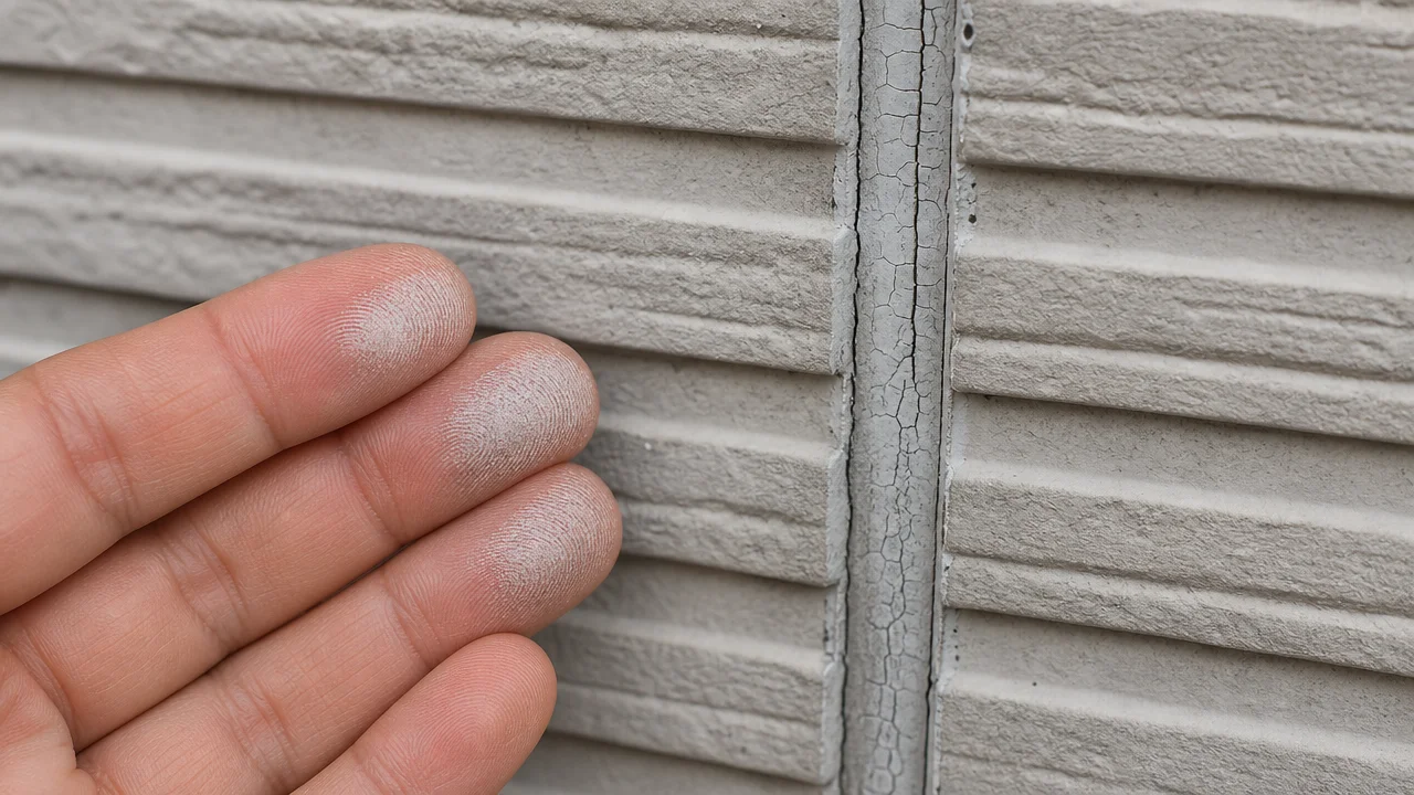 ひび割れた縦目地のある灰色の外壁に触れ、白い粉が付着した指先