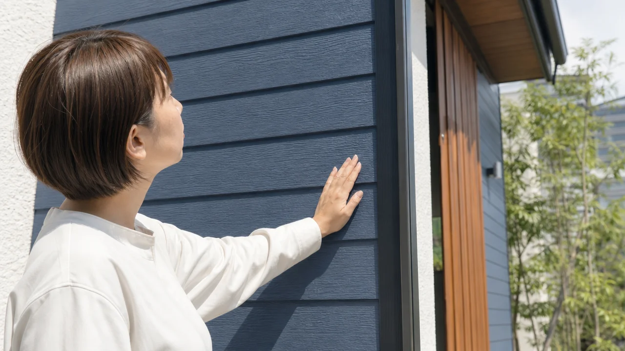 白い服を着た女性が、屋外で住宅の紺色の横張り外壁に右手で触れて見上げている
