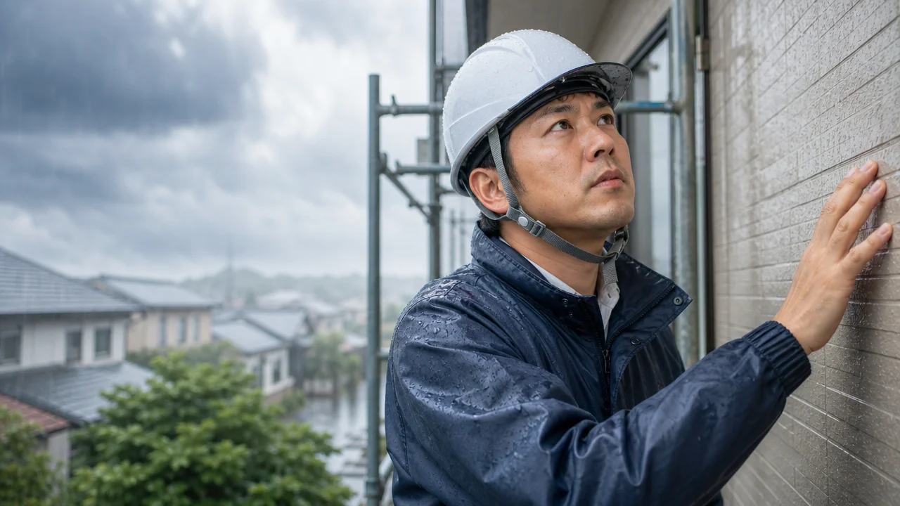 雨の中、白いヘルメットと紺色の上着を着た男性が足場から建物の外壁に手を触れて見上げている