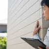 作業服を着た男性が住宅の外壁に手を当て、クリップボードを持ちながら表面を確認している