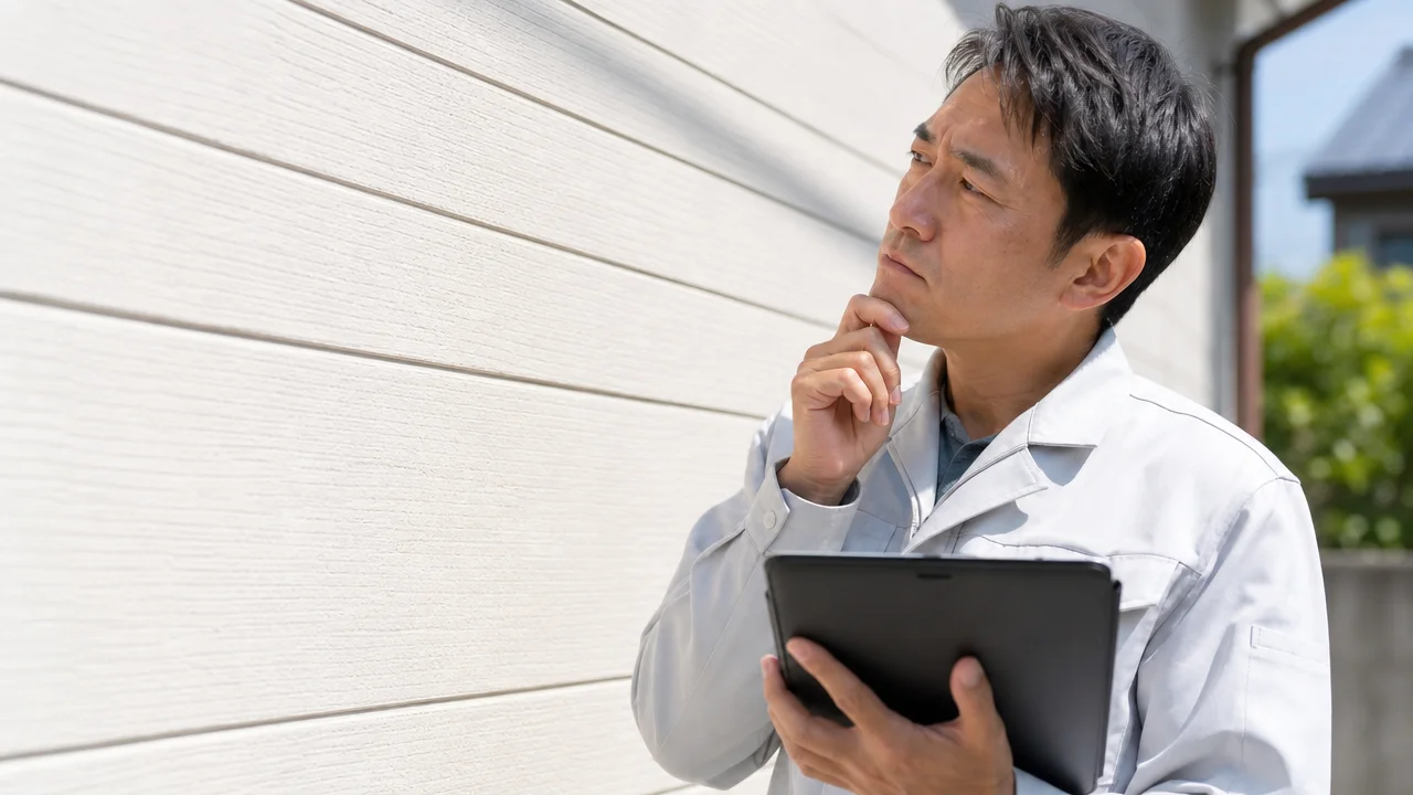 白い作業服の男性がタブレットを抱え、顎に手を当てながら建物の白い外壁を見つめている