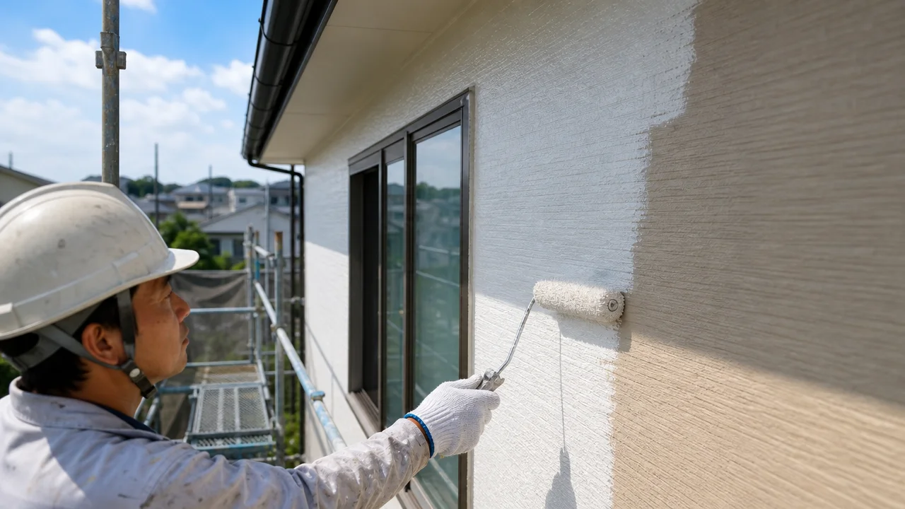 ヘルメットと手袋を着けた作業員が、足場からローラーで住宅の外壁を白く塗っている